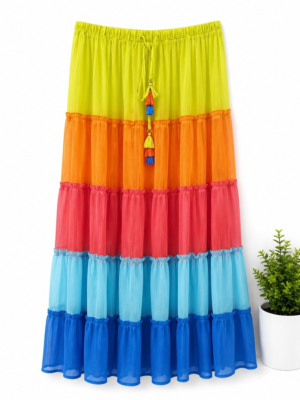Bleu Rod Beattie Colorblock Tassel Maxi Skirt in Lime, Coral & Blue - Picture 2 of 4